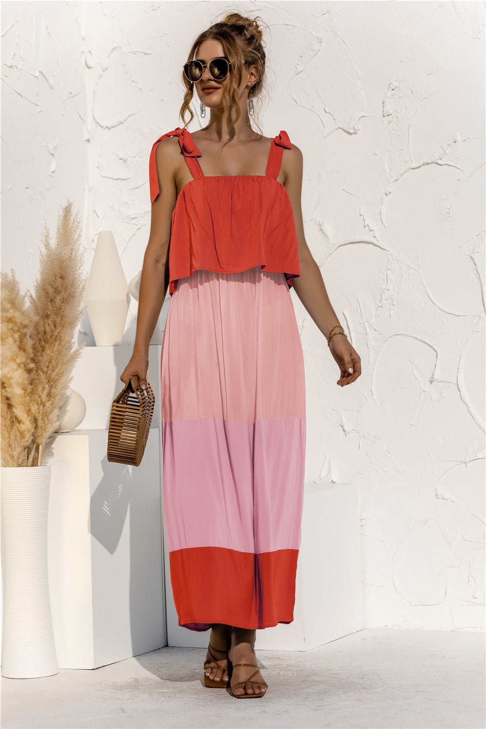 PRE-ORDER Color Block Tie Shoulder Tiered Sleeveless Dress - Cheeky Chic Boutique