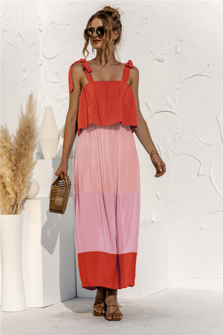 PRE-ORDER Color Block Tie Shoulder Tiered Sleeveless Dress - Cheeky Chic Boutique