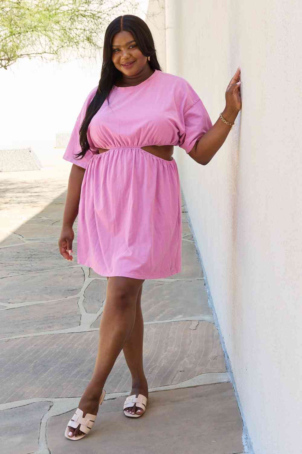HEYSON Summer Field Full Size Cutout T-Shirt Dress in Carnation Pink - Cheeky Chic Boutique