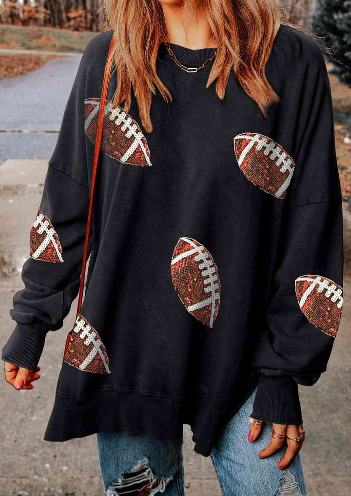 Sequin Football Patch Slit Sweatshirt - Cheeky Chic Boutique