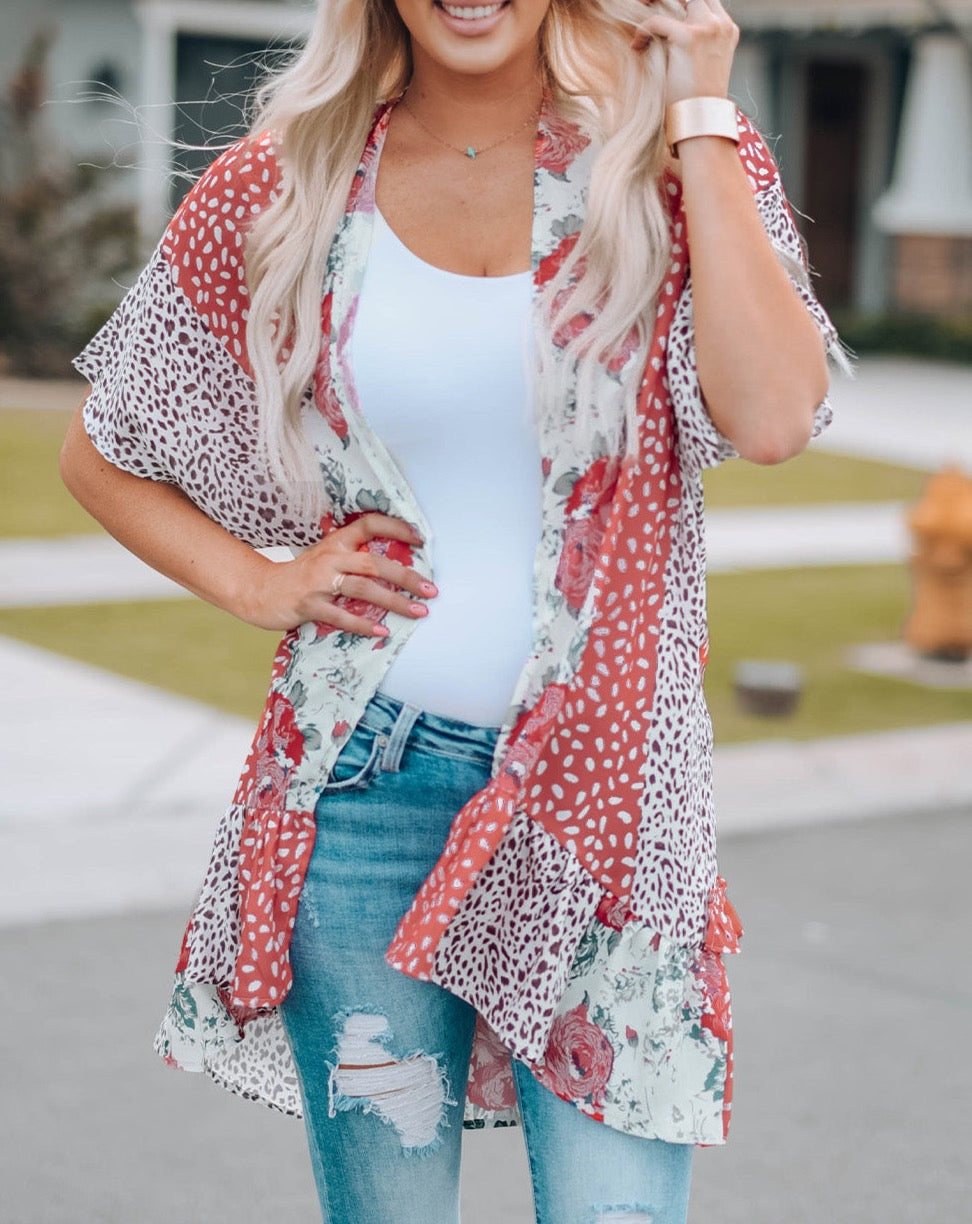 Mixed Print Ruffle Hem Kimono - Cheeky Chic Boutique