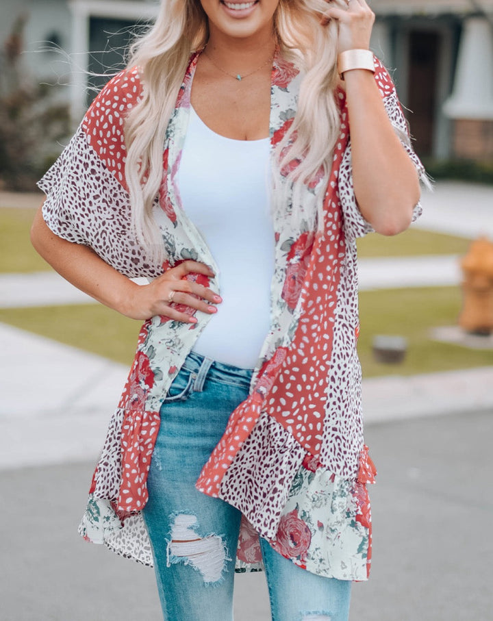Mixed Print Ruffle Hem Kimono - Cheeky Chic Boutique