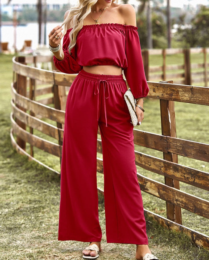 Off-Shoulder Blouse and Drawstring Waist Pants Set - Cheeky Chic Boutique