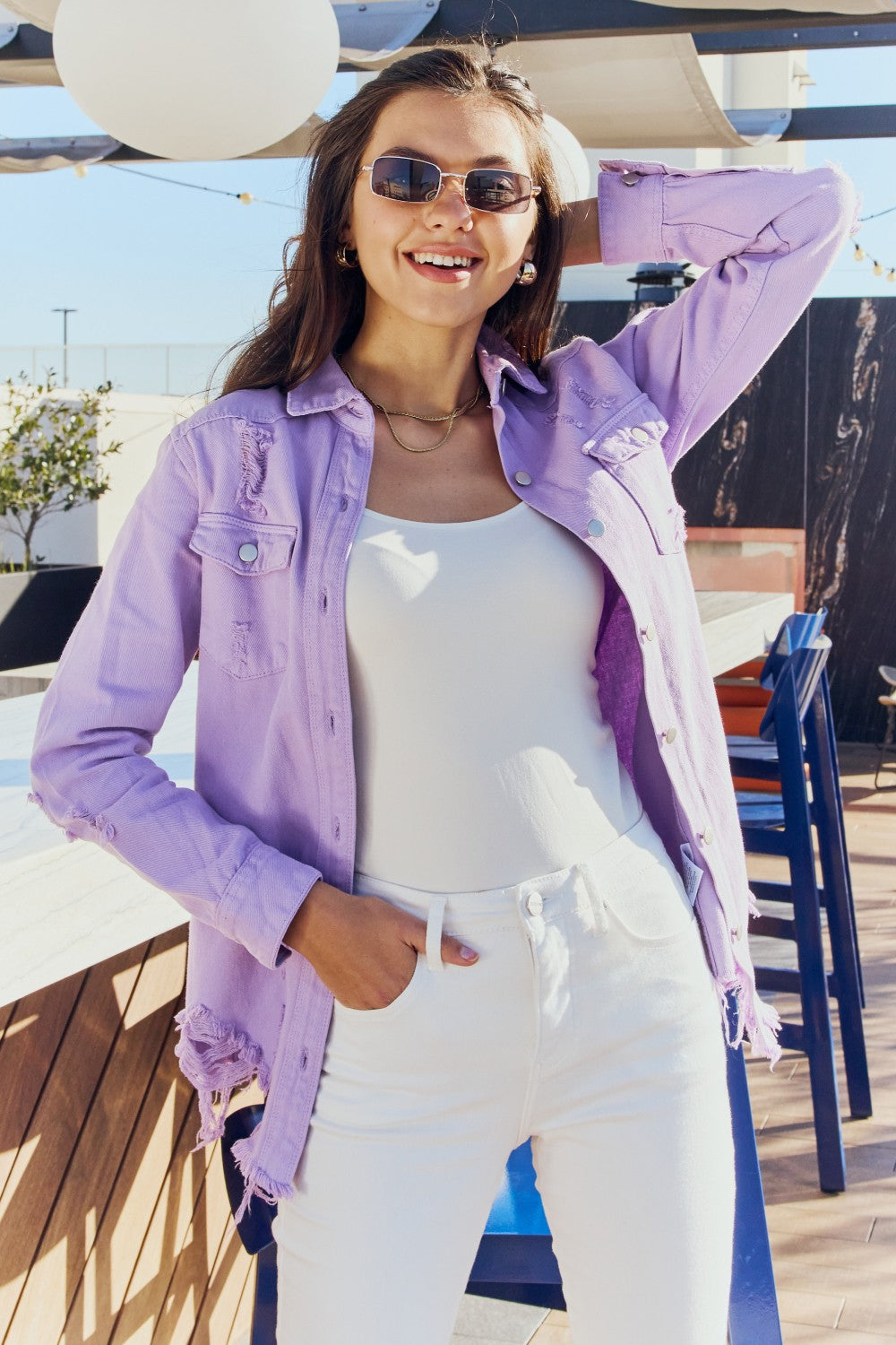 American Bazi Full Size Distressed Button Down Denim Jacket in Lavender - Cheeky Chic Boutique