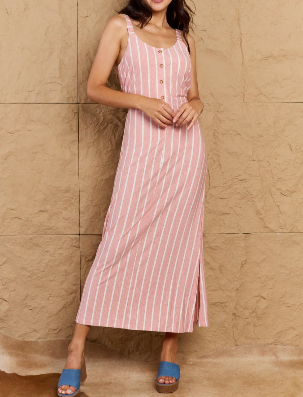 OOTD Sweet Talk Stripe Texture Knit Maxi Dress in Dusty Pink/Ivory - Cheeky Chic Boutique