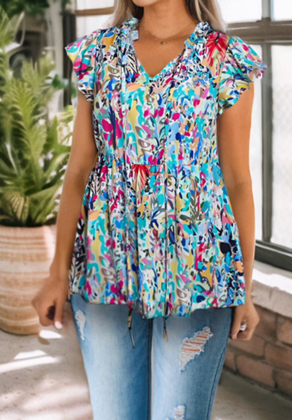 Printed Tie Neck Butterfly Sleeve Babydoll Top - Cheeky Chic Boutique