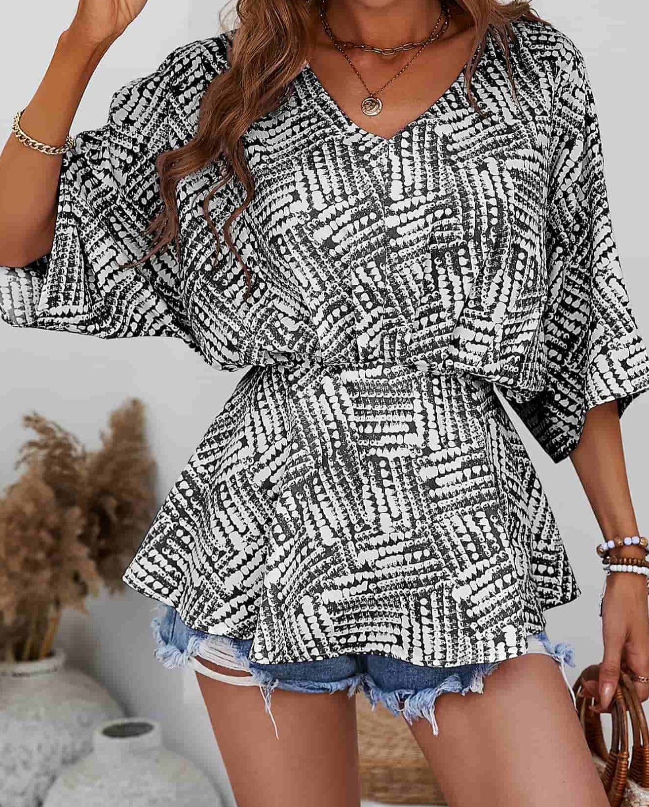 Printed V-Neck Dolman Sleeve Blouse - Cheeky Chic Boutique