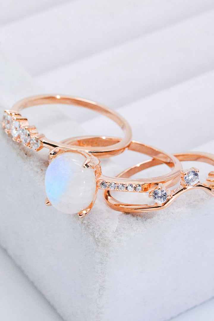 Natural Moonstone and Zircon Three-Piece Ring Set - Cheeky Chic Boutique