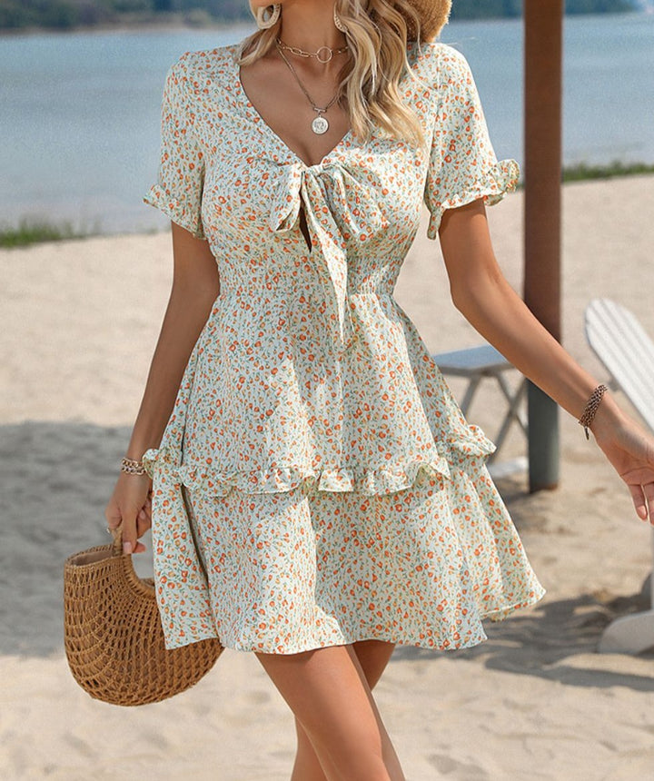 Floral Tie Front V-Neck Mini Dress - Cheeky Chic Boutique