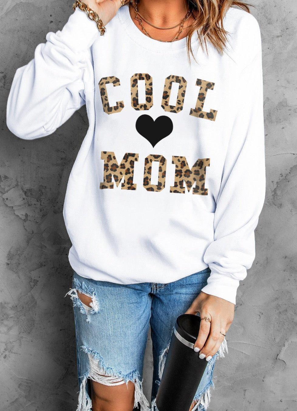 COOL MOM Heart Graphic Round Neck Sweatshirt - Cheeky Chic Boutique
