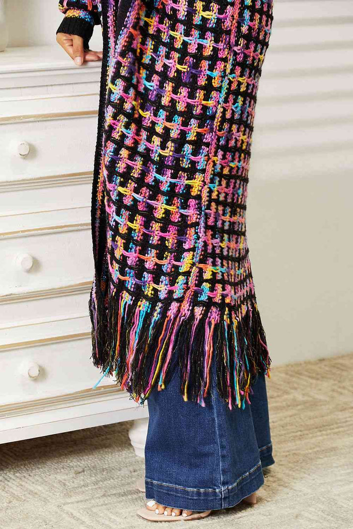 Double Take Full Size Multicolored Open Front Fringe Hem Cardigan - Cheeky Chic Boutique