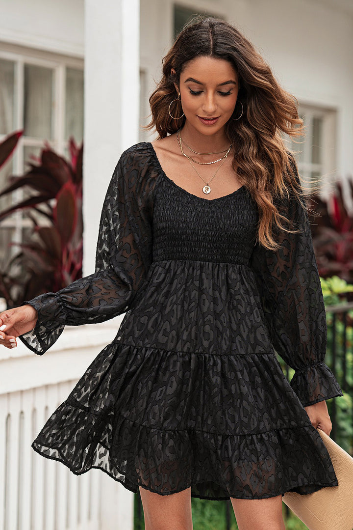 PRE-ORDER Leopard Applique Flounce Sleeve Smocked Tiered Dress - Cheeky Chic Boutique
