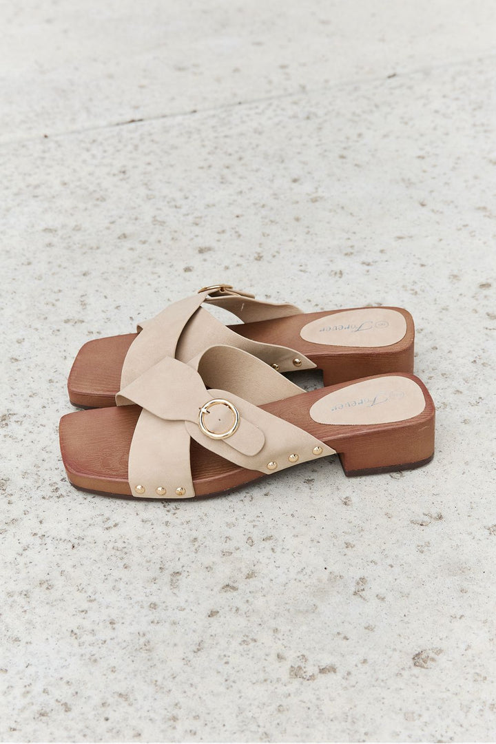 Forever Link Square Toe Cross Strap Buckle Clog Sandal in Sand - Cheeky Chic Boutique
