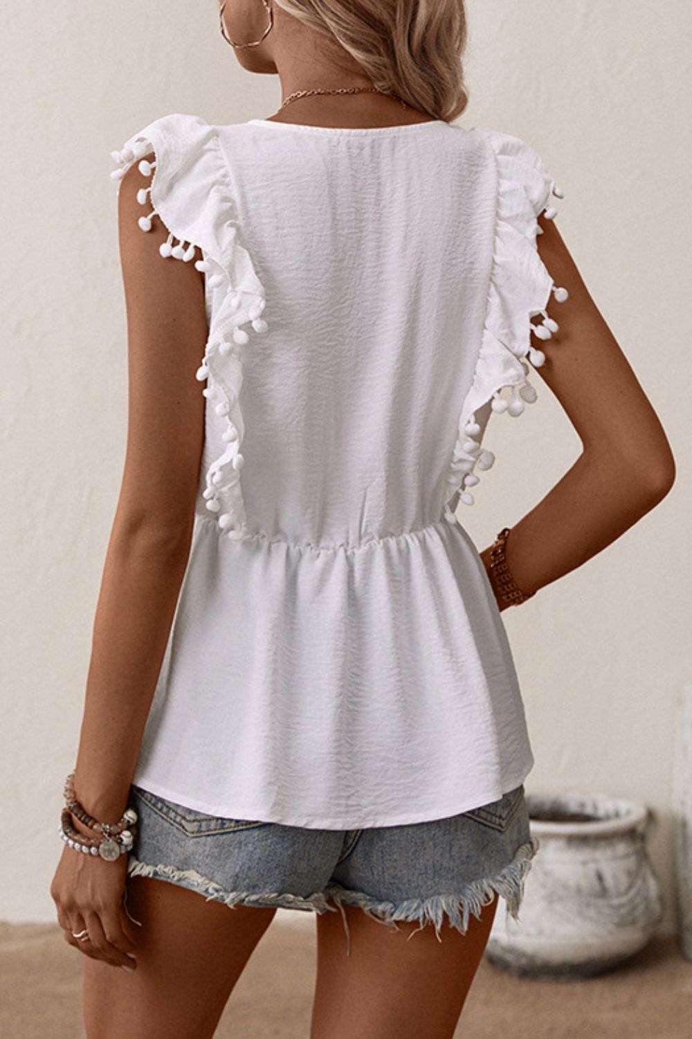 Embroidered Pom-Pom Trim Cap Sleeve Babydoll Top - Cheeky Chic Boutique