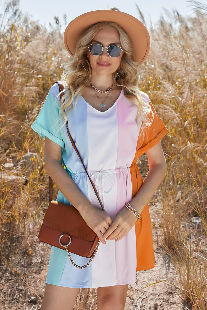 PRE-ORDER Multicolored Drawstring Waist V-Neck Dress - Cheeky Chic Boutique