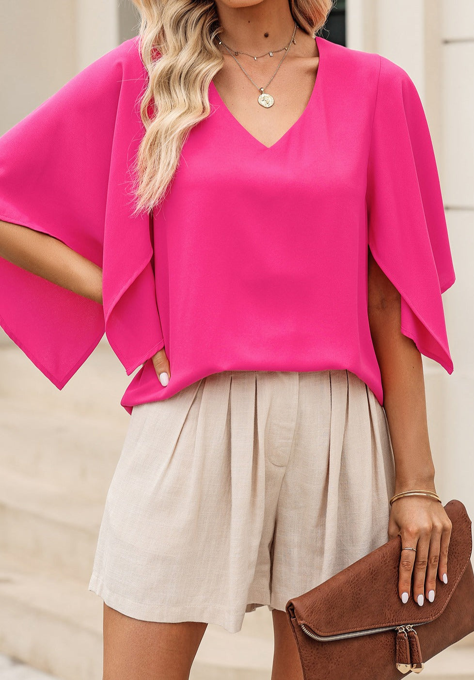 V-Neck Cloak Sleeve Blouse - Cheeky Chic Boutique