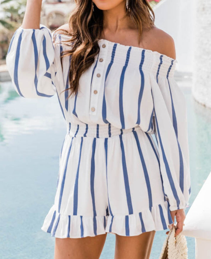 Striped Off Shoulder Smocked Romper - Cheeky Chic Boutique