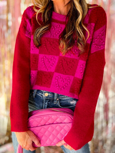 Plaid Heart Round Neck Sweater - Cheeky Chic Boutique