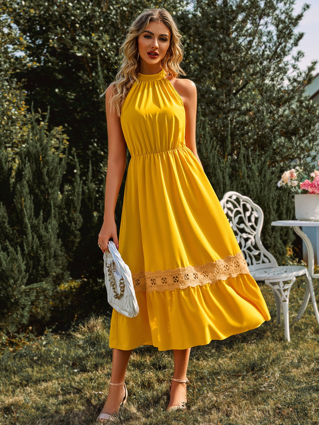 Grecian Neck Spliced Lace Midi Dress - Cheeky Chic Boutique