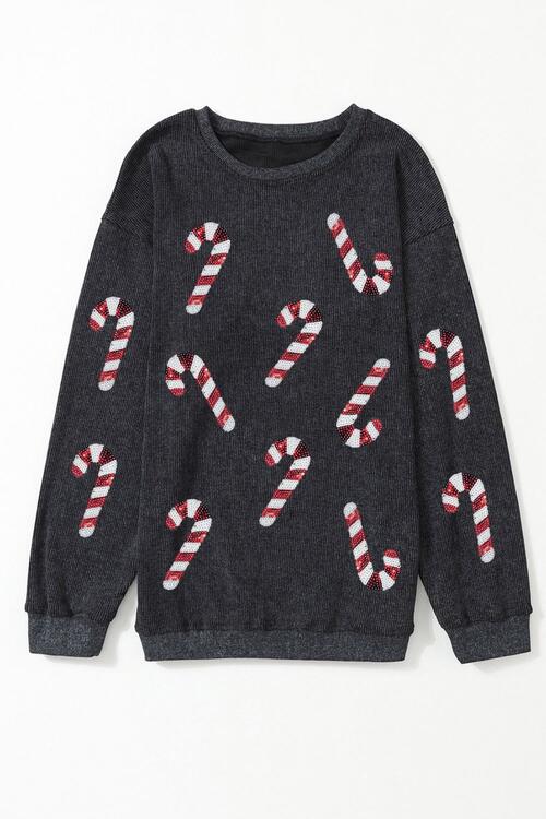 Sequin Candy Cane Wishes Sweatshirt - Cheeky Chic Boutique