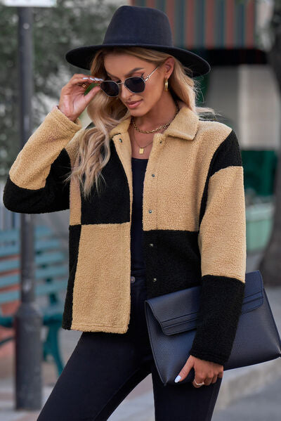 Caramel Cookie Color Block Sherpa Jacket - Cheeky Chic Boutique