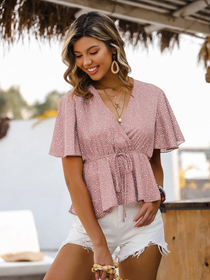Printed Tied Flutter Sleeve Babydoll Blouse - Cheeky Chic Boutique