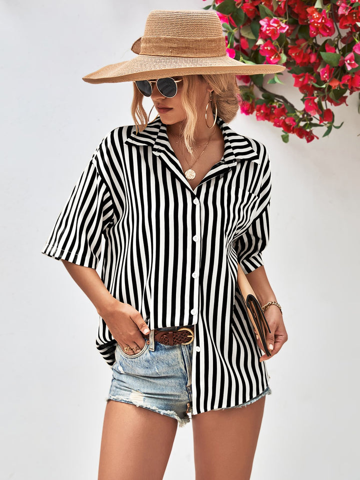 Striped Dropped Shoulder Half Sleeve Shirt - Cheeky Chic Boutique