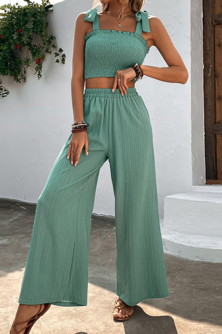 Tie Shoulder Smocked Crop Top and Wide Leg Pants Set - Cheeky Chic Boutique