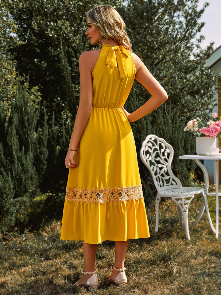Grecian Neck Spliced Lace Midi Dress - Cheeky Chic Boutique