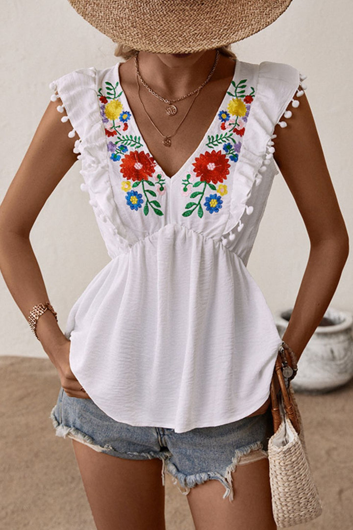 Embroidered Pom-Pom Trim Cap Sleeve Babydoll Top - Cheeky Chic Boutique