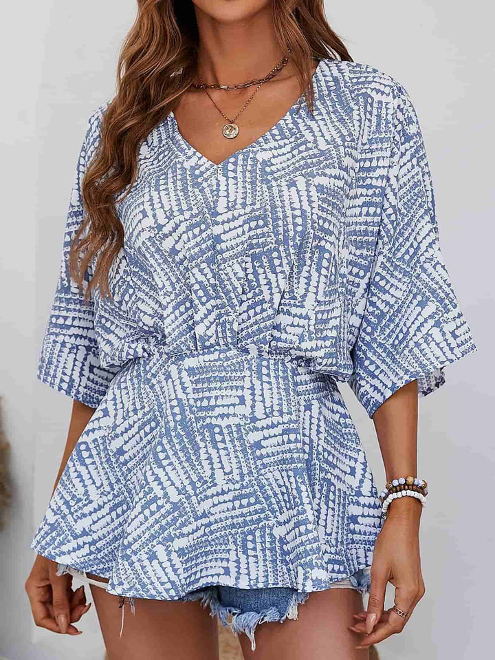Printed V-Neck Dolman Sleeve Blouse - Cheeky Chic Boutique