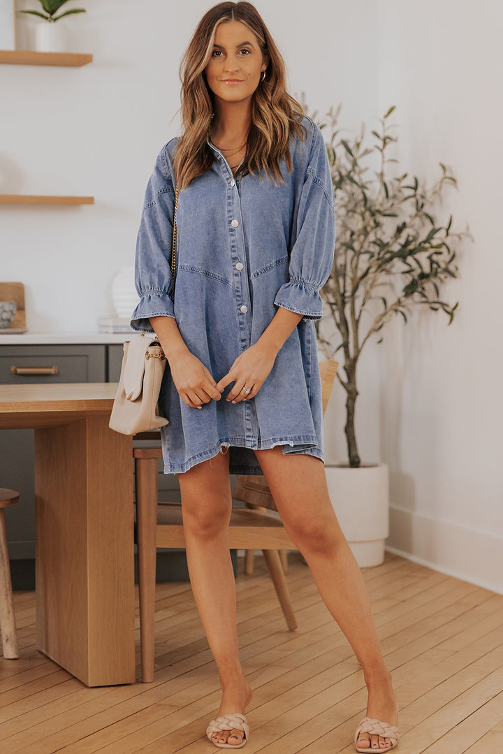 Collared Neck Flounce Sleeve Denim Mini Dress - Cheeky Chic Boutique