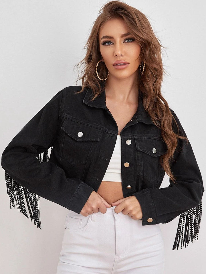 Fringe Detail Collared Neck Cropped Denim Jacket - Cheeky Chic Boutique