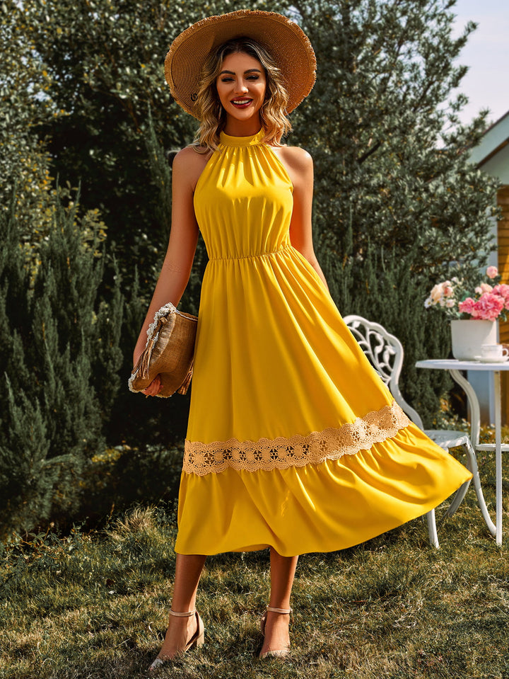 Grecian Neck Spliced Lace Midi Dress - Cheeky Chic Boutique