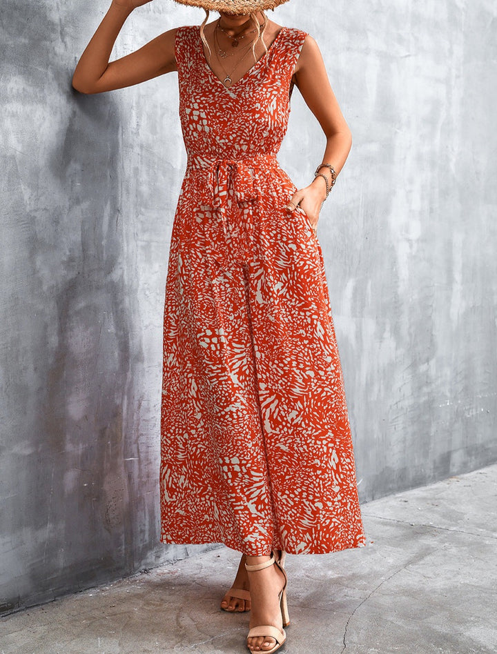 Printed V-Neck Tie Waist Maxi Dress - Cheeky Chic Boutique