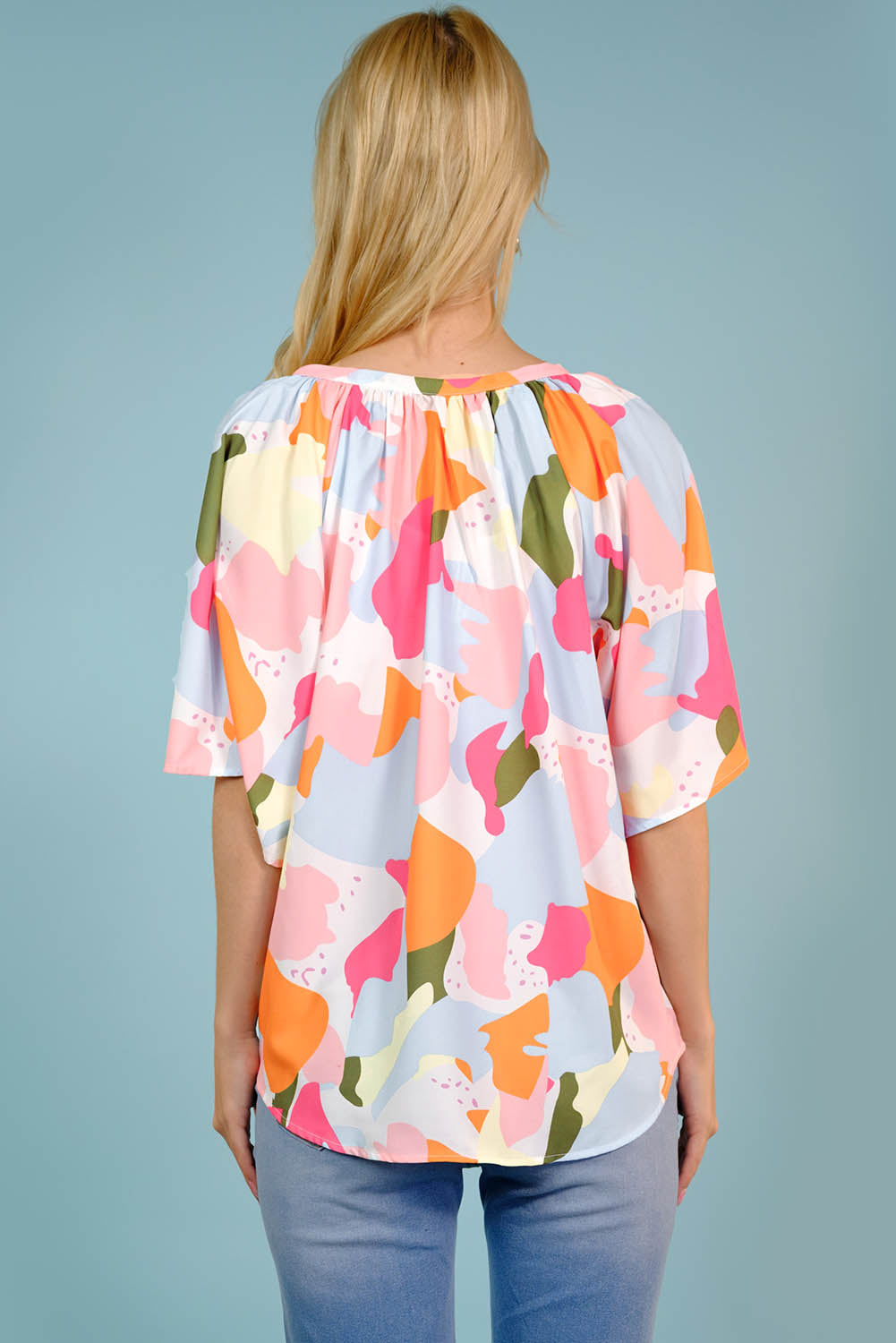Printed Notched Neck Half Sleeve Blouse - Cheeky Chic Boutique