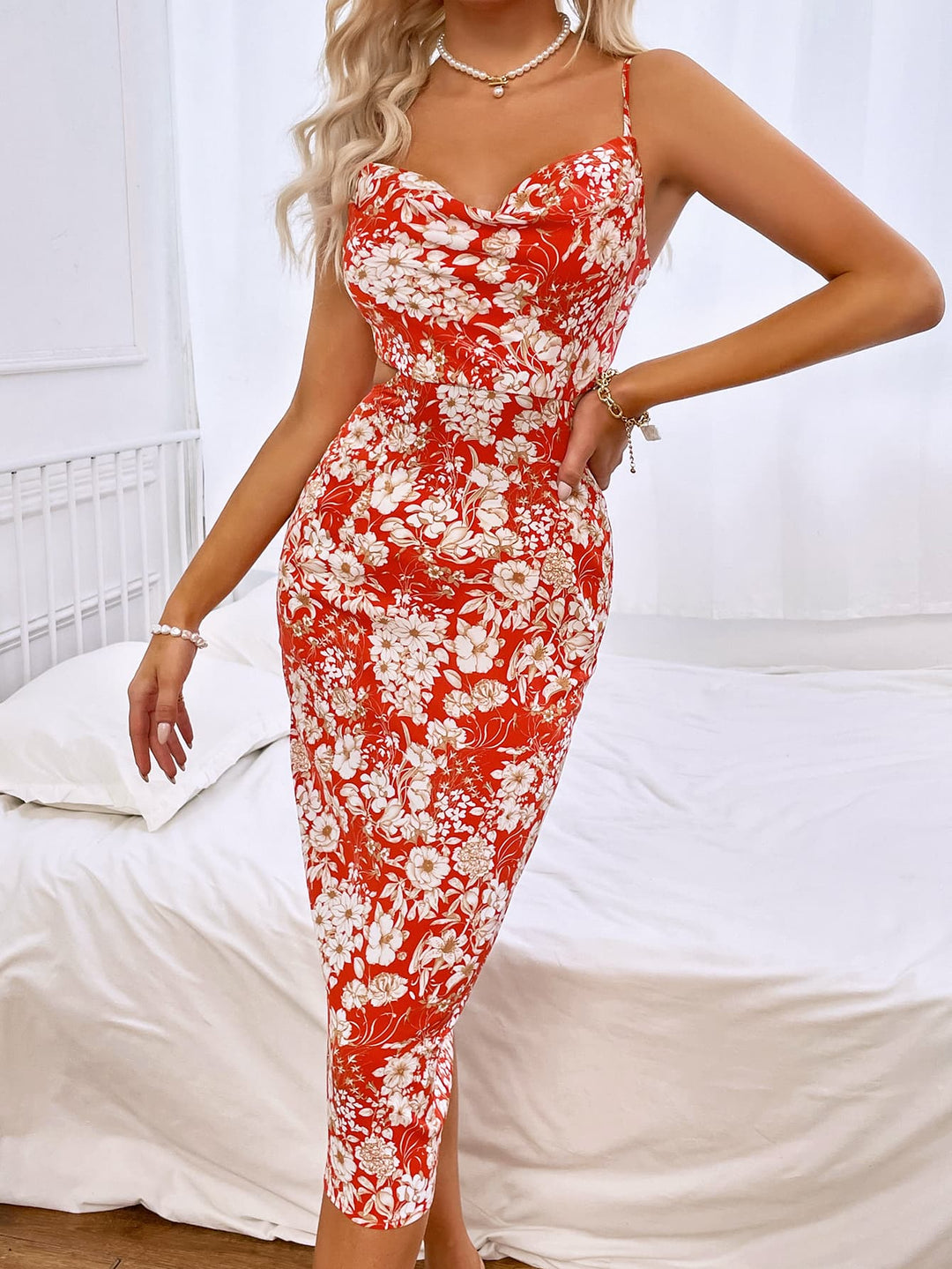 Floral Print Tie Back Cowl Neck Sleeveless Midi Dress - Cheeky Chic Boutique