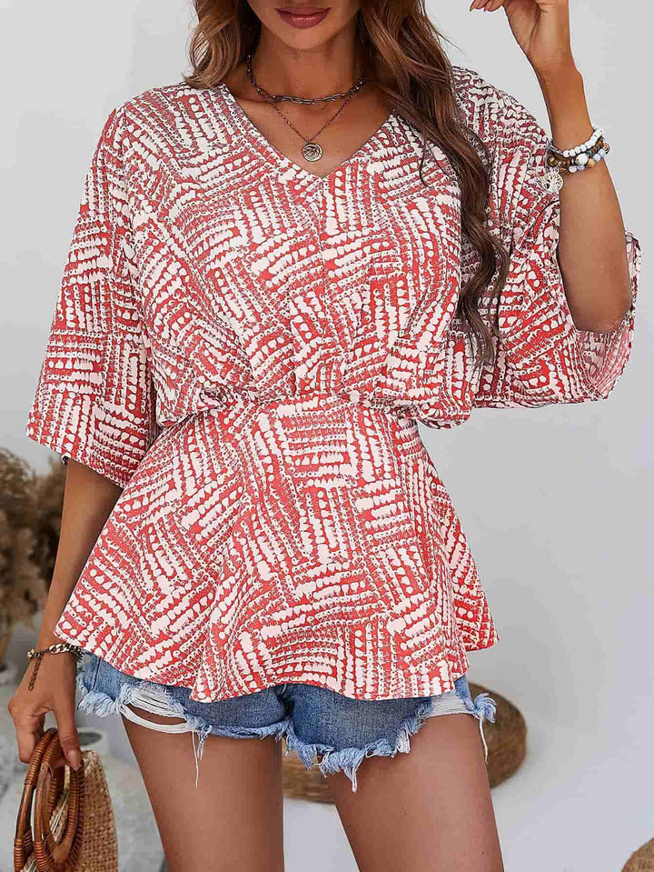 Printed V-Neck Dolman Sleeve Blouse - Cheeky Chic Boutique
