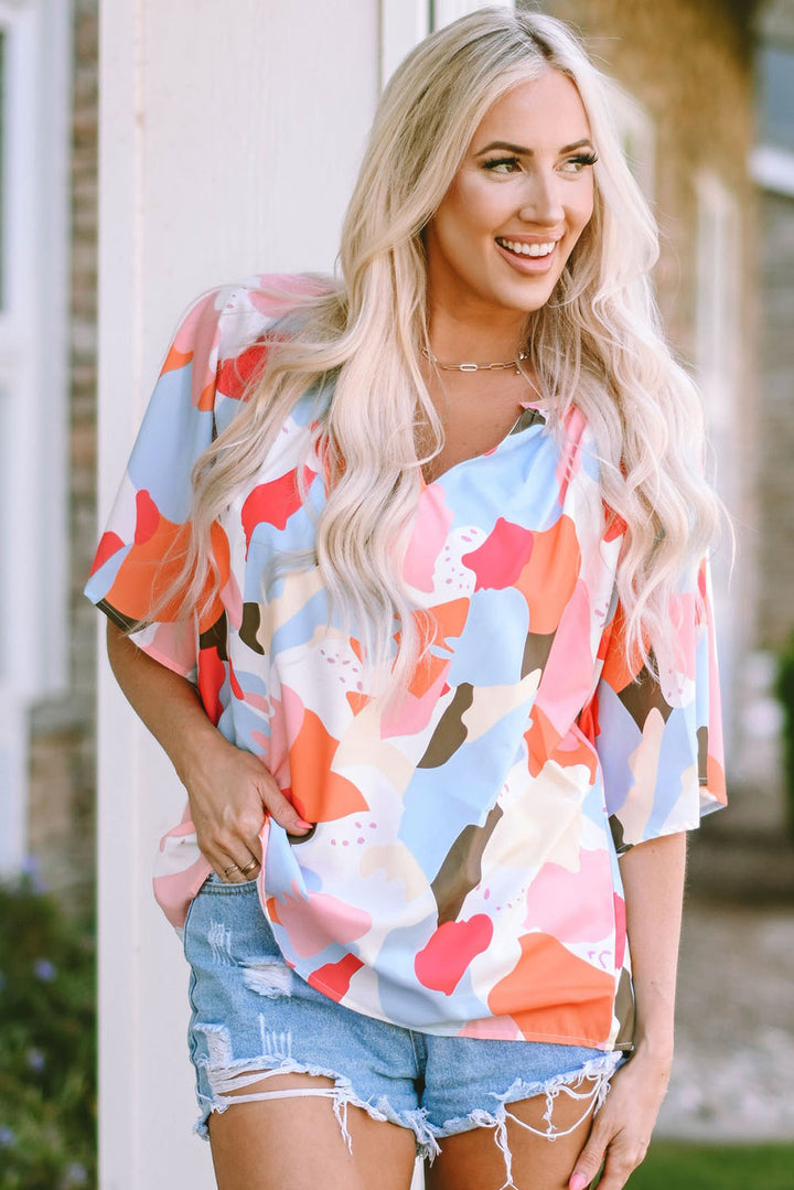 Printed Notched Neck Half Sleeve Blouse - Cheeky Chic Boutique