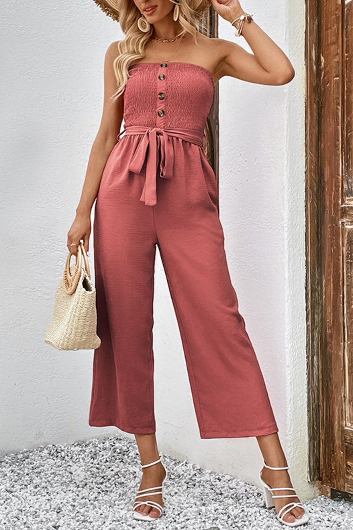 Decorative Button Strapless Smocked Jumpsuit with Pockets - Cheeky Chic Boutique