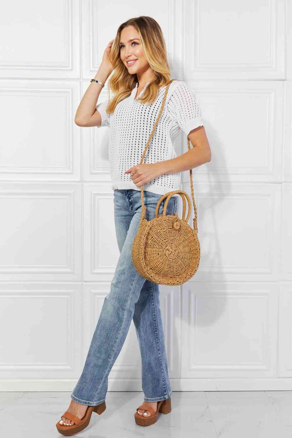 Justin Taylor Feeling Cute Rounded Rattan Handbag in Camel - Cheeky Chic Boutique