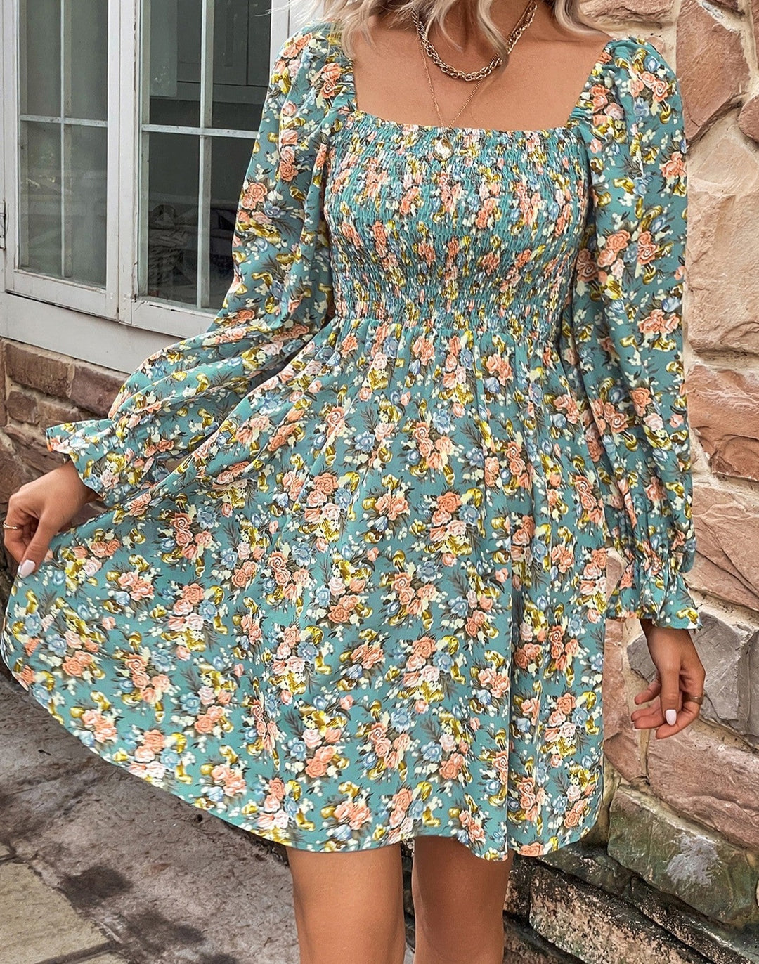 Floral Smocked Flounce Sleeve Square Neck Dress - Cheeky Chic Boutique