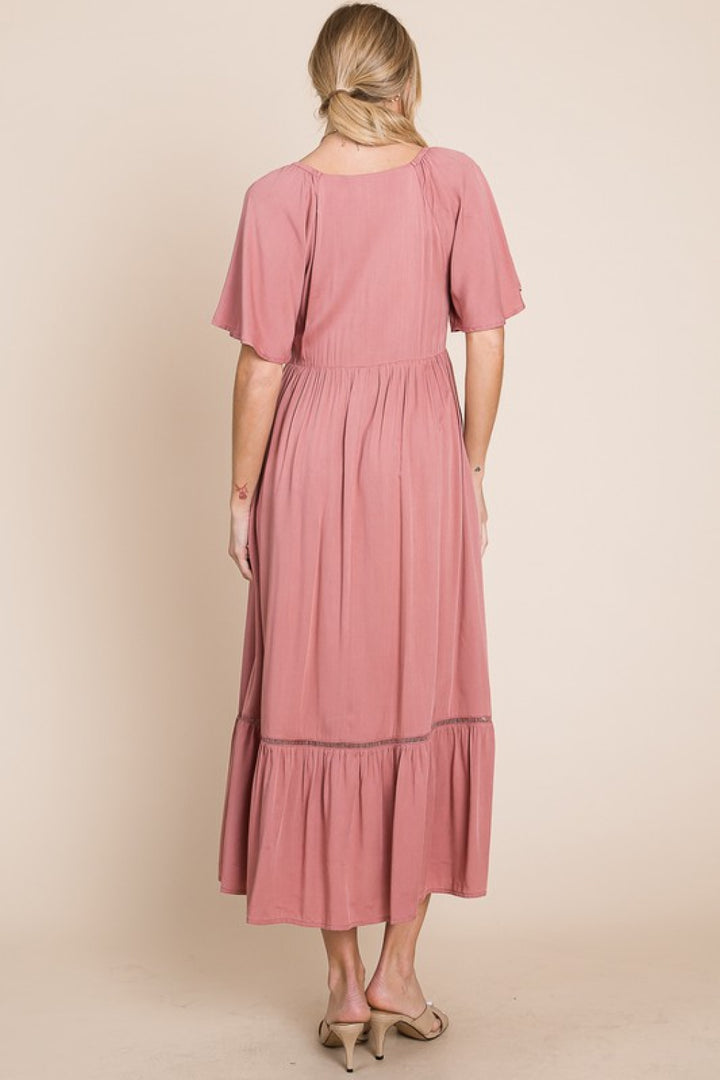 HEYSON Full Size Smocked Pocket Midi Dress in Rouge Pink - Cheeky Chic Boutique