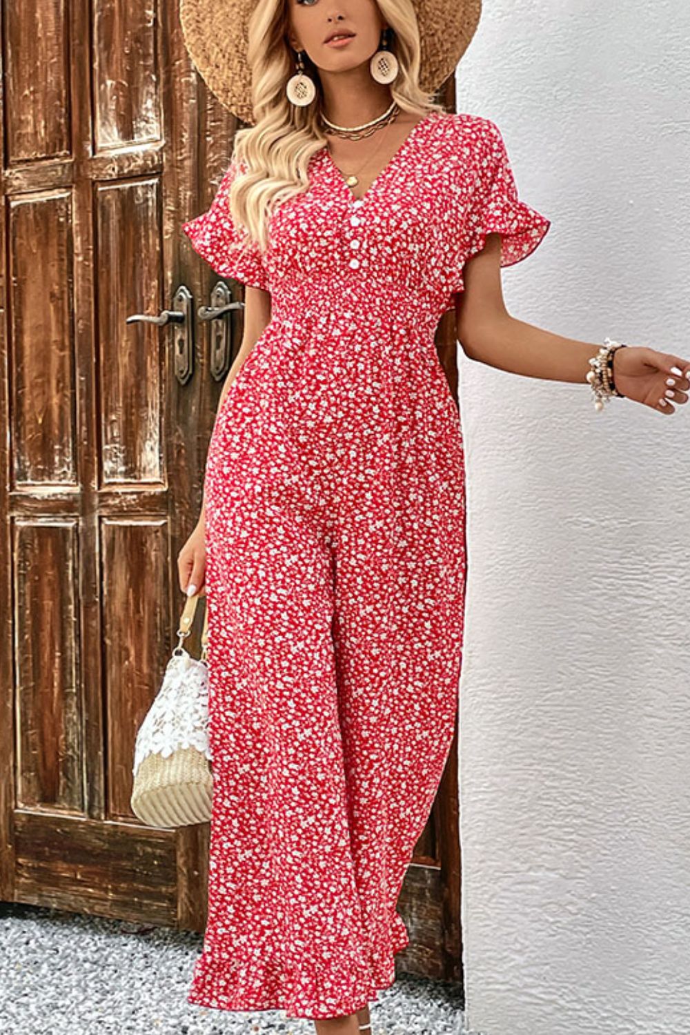 Printed Tie Back Ruffled Jumpsuit - Cheeky Chic Boutique