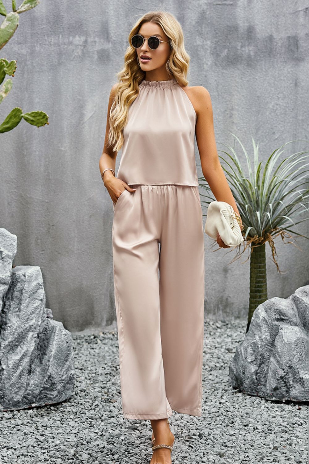 Grecian Neck Sleeveless Pocketed Top and Pants Set - Cheeky Chic Boutique