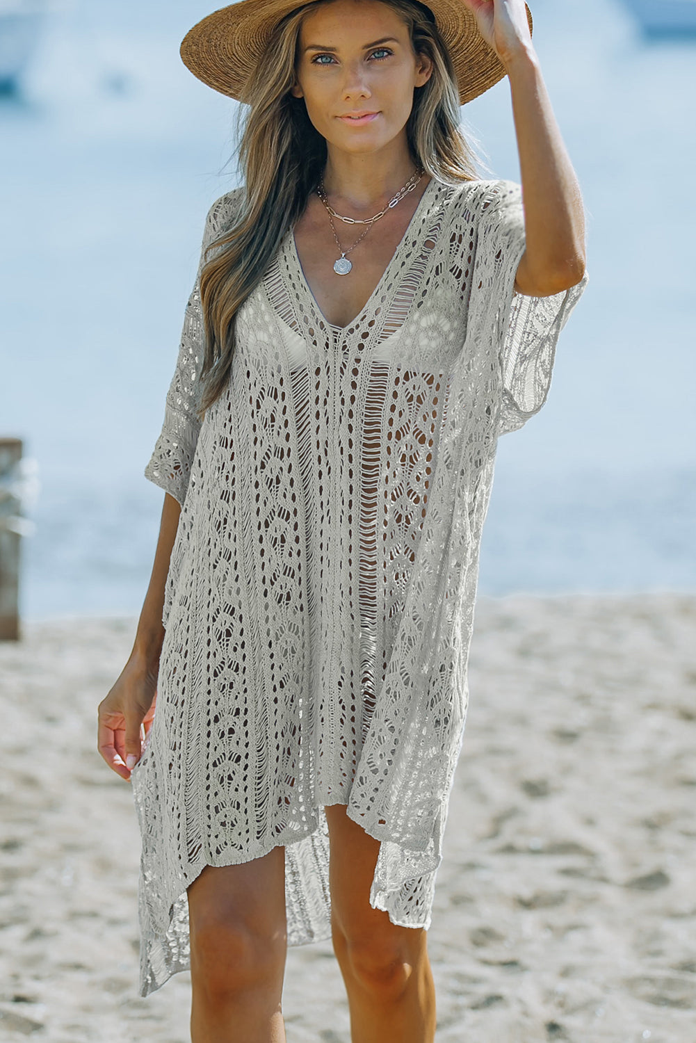 Openwork V-Neck Slit Cover Up - Cheeky Chic Boutique