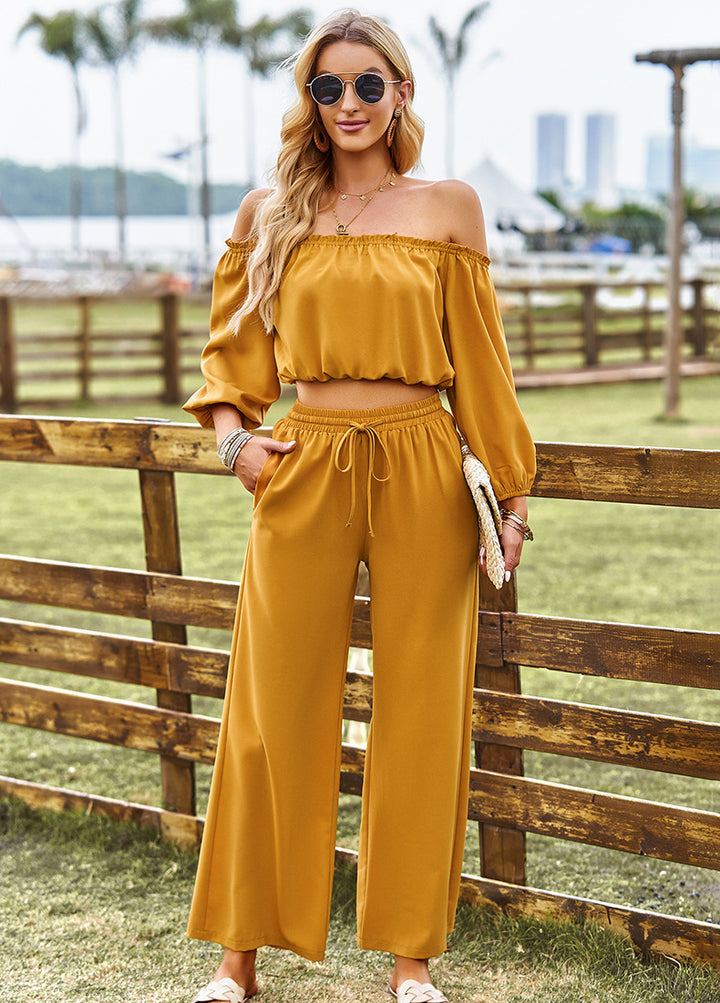 Off-Shoulder Blouse and Drawstring Waist Pants Set - Cheeky Chic Boutique