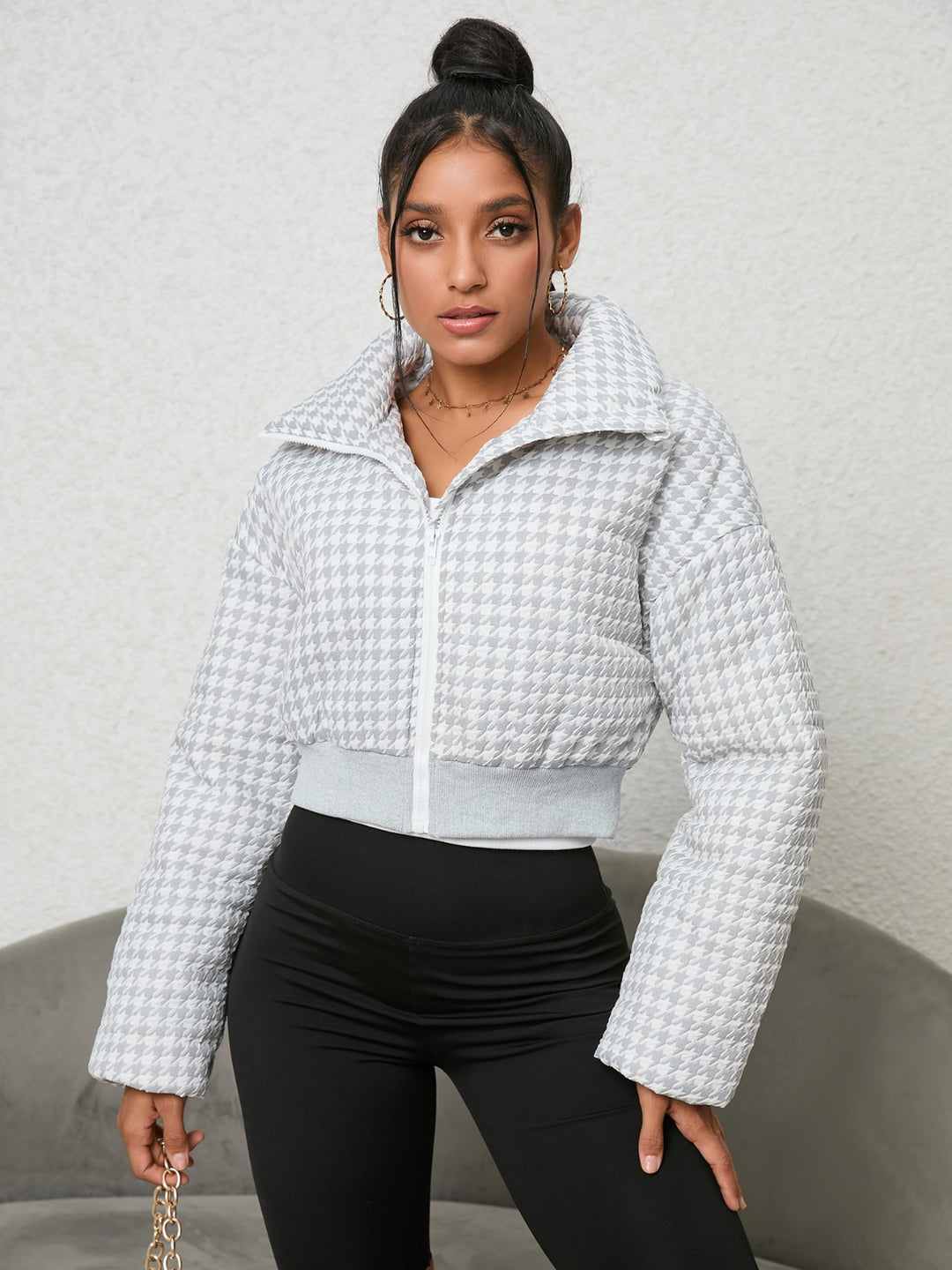 Houndstooth Zip-Up Jacket - Cheeky Chic Boutique