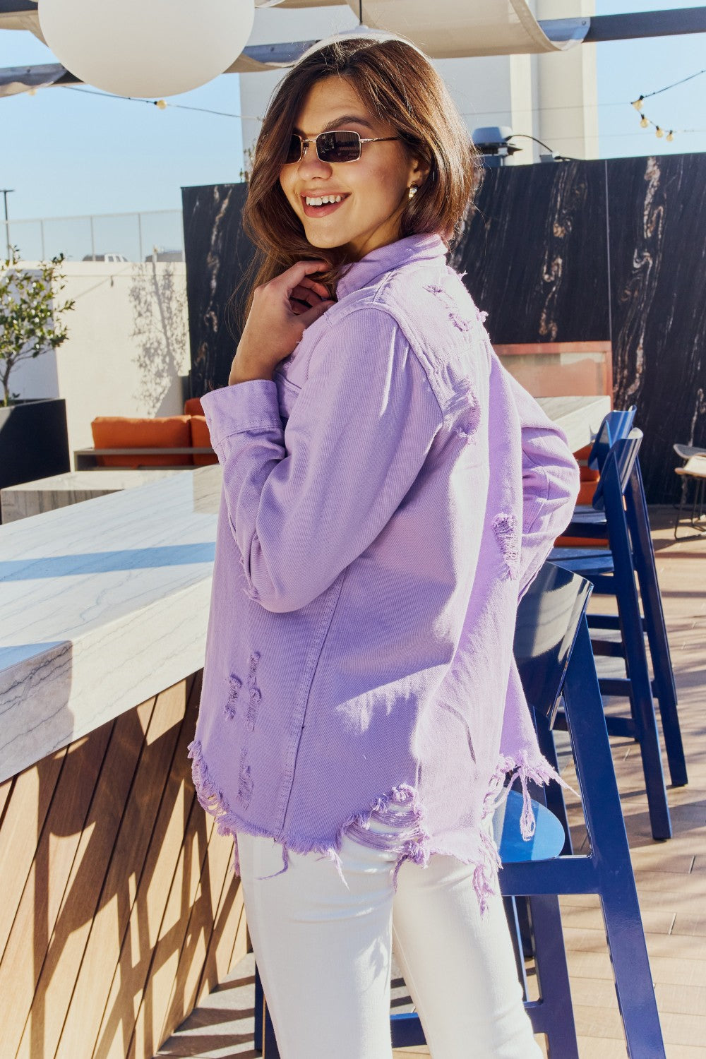 American Bazi Full Size Distressed Button Down Denim Jacket in Lavender - Cheeky Chic Boutique