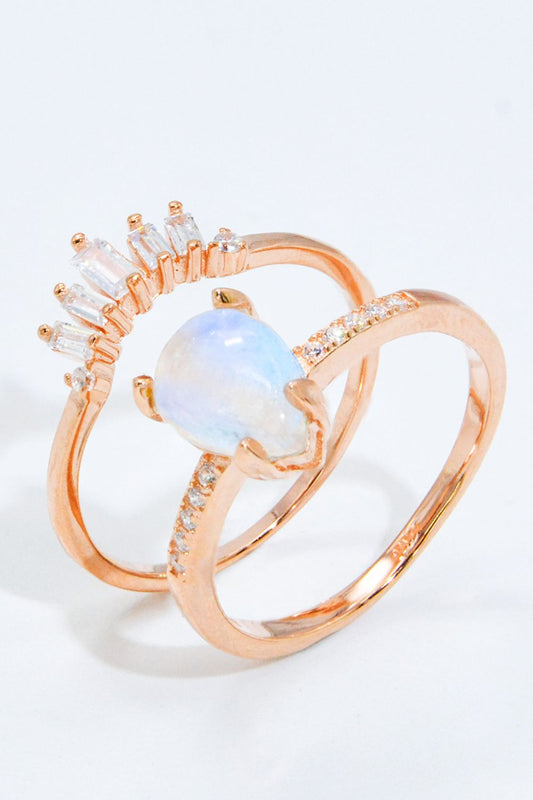 Natural Moonstone and Zircon 18K Rose Gold-Plated Two-Piece Ring Set - Cheeky Chic Boutique